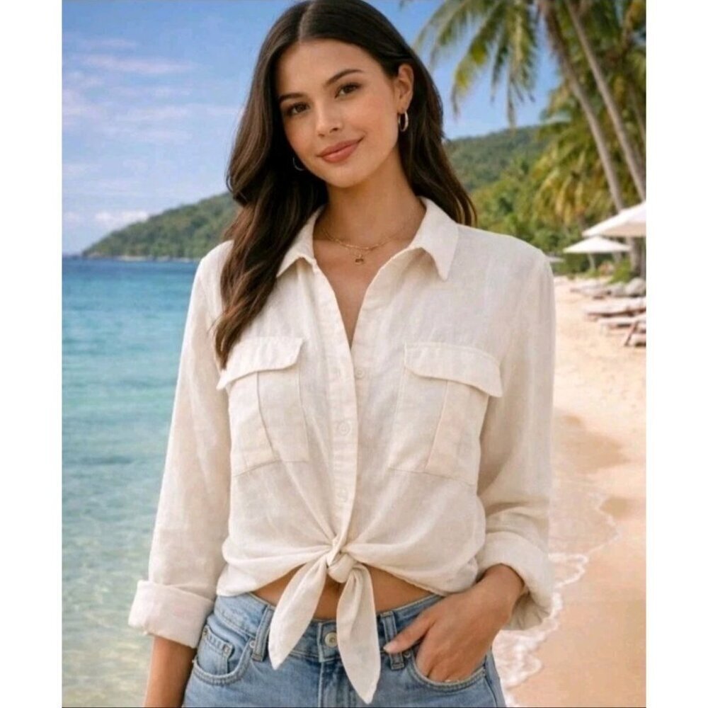 Womens Linen Blend Top Resort Beach Tie Front Long Sleeve Cargo Pockets XS Cream